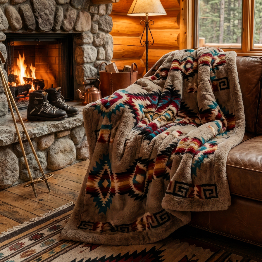 Thick, warm, and cozy blanket in a cabin setting.